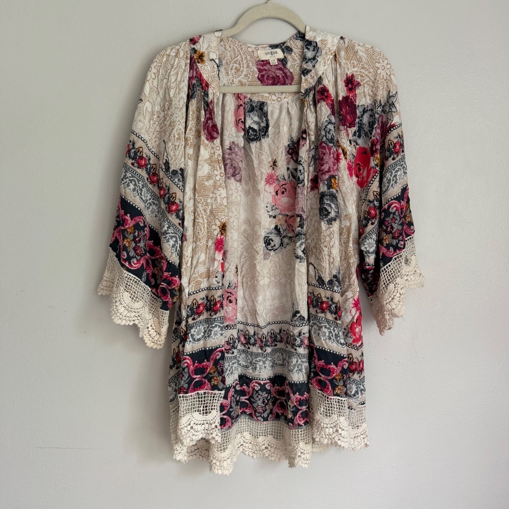 Umgee‎ Floral Kimono Cardigan Crochet Lace Trim Open Front Boho Multi Color M
